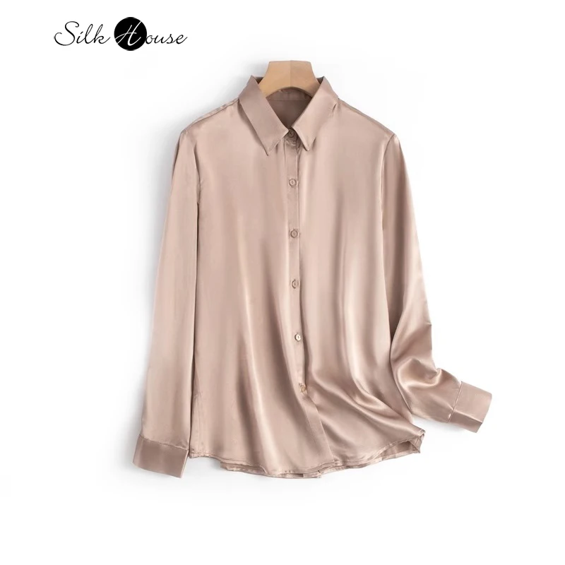 

2024 Women's Fashion Spring New 22MM Sand Wash Plain Silk Satin Lapel Brown Gray OL Style Versatile Top Shirt