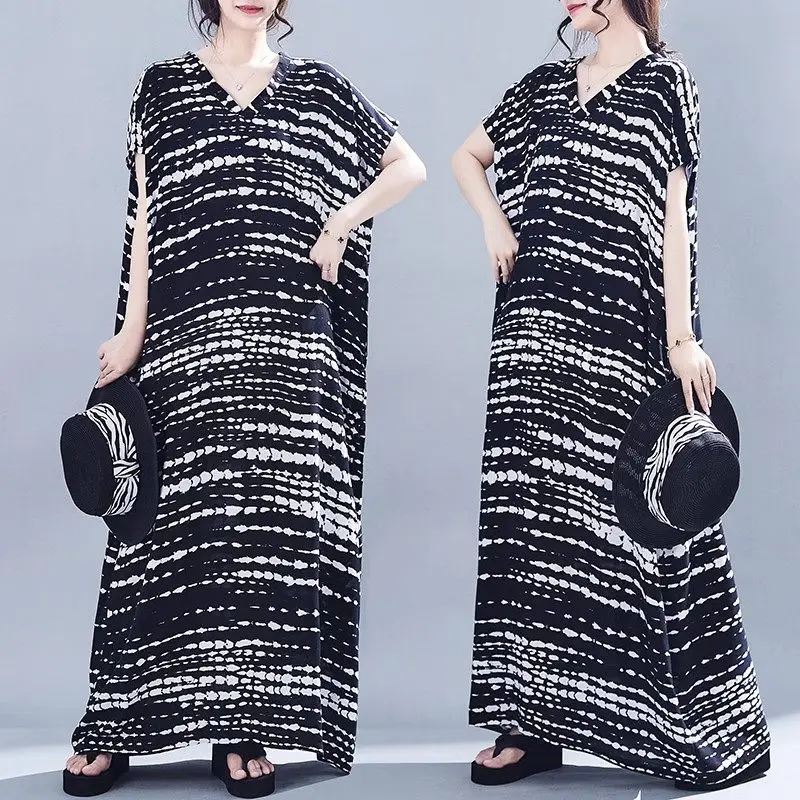 

V-Neck Bat Sleeve Printed Long Oversized Dress Women 2023 Summer Literary Loose Cotton Silk Dress Maxi Beach Tunic Robes z1912