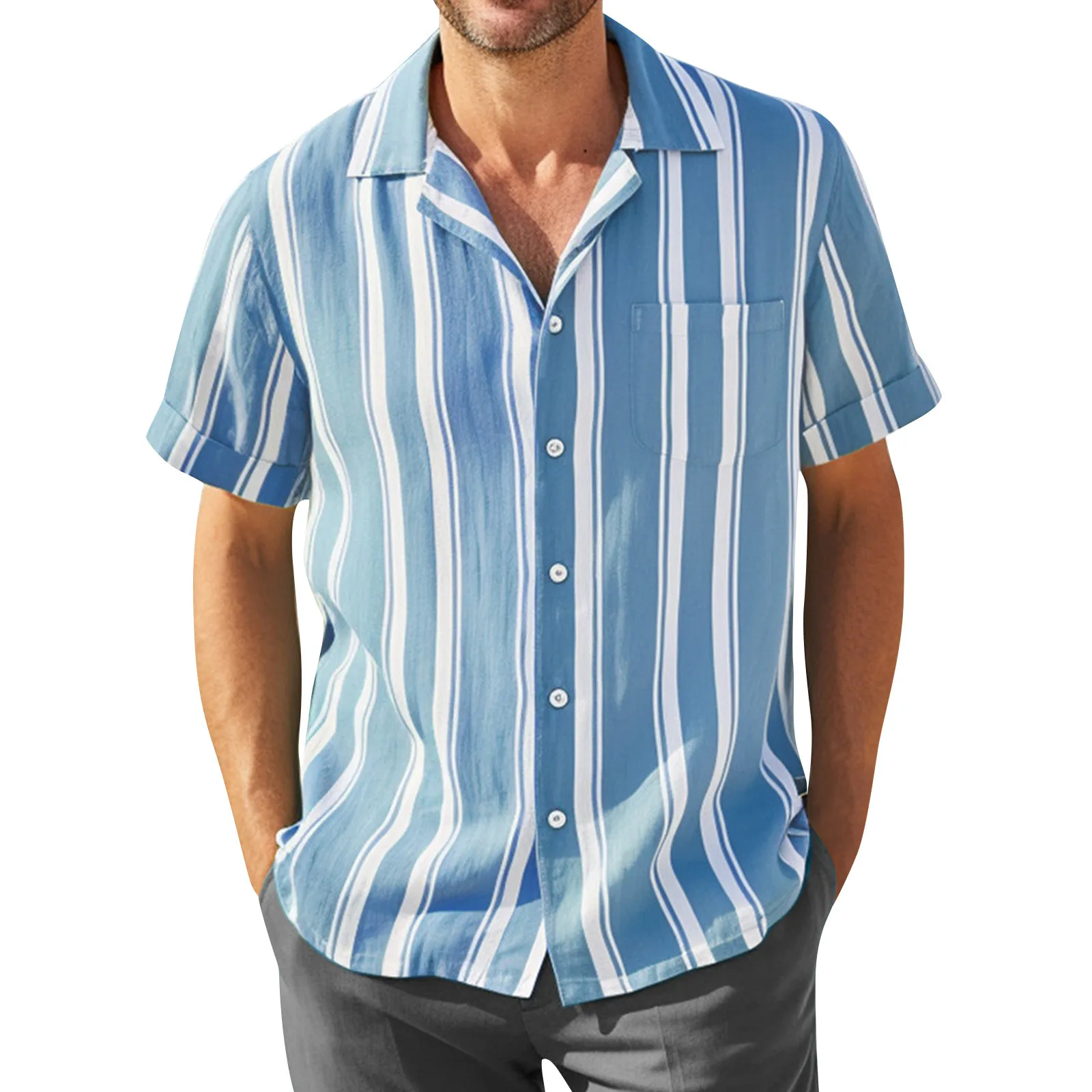 

2023 Cross-border explosive Amazon Express men's linen striped jacquard casual fashion loose short-sleeved shirt