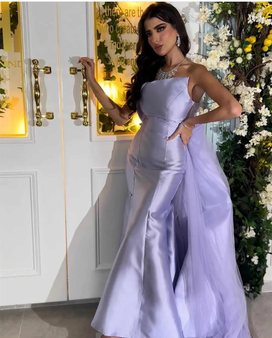 

Classic Lilac Satin Beaded Evening Dresses Mermaid Pleated Sweep Train Prom Dress فساتين السهرة for Formal Party Dress Women