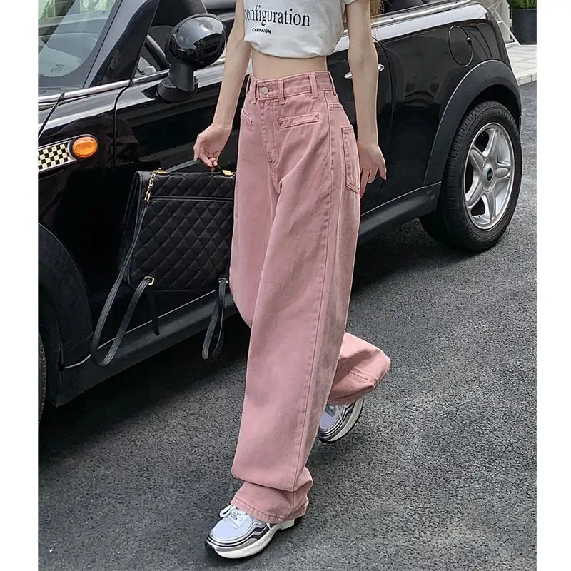 

Dirty Pink Straight Leg Jeans Female Spring and Autumn New Korean Version of Everything with High Waist Loose Wide Leg Pants