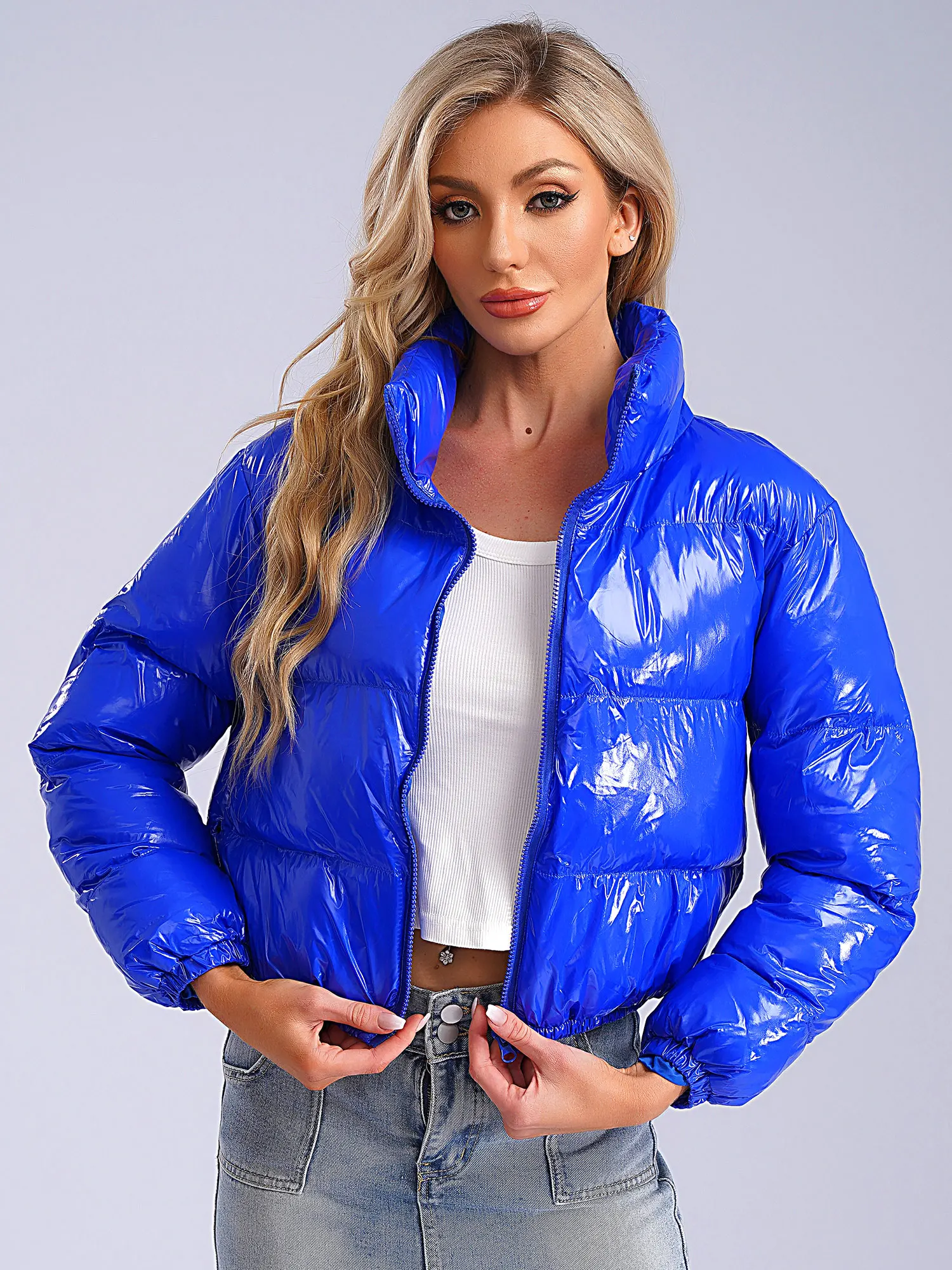 Women's Metallic Glossy Puffy Padded Jacket Quilted Outerwear Coat with Zipper Winter Stand Collar Outdoor Streetwear Women's Metallic Glossy Puffy Padded Jacket Quilted Outerwear Coat with Zipper Winter Stand Collar Outdoor Streetwear