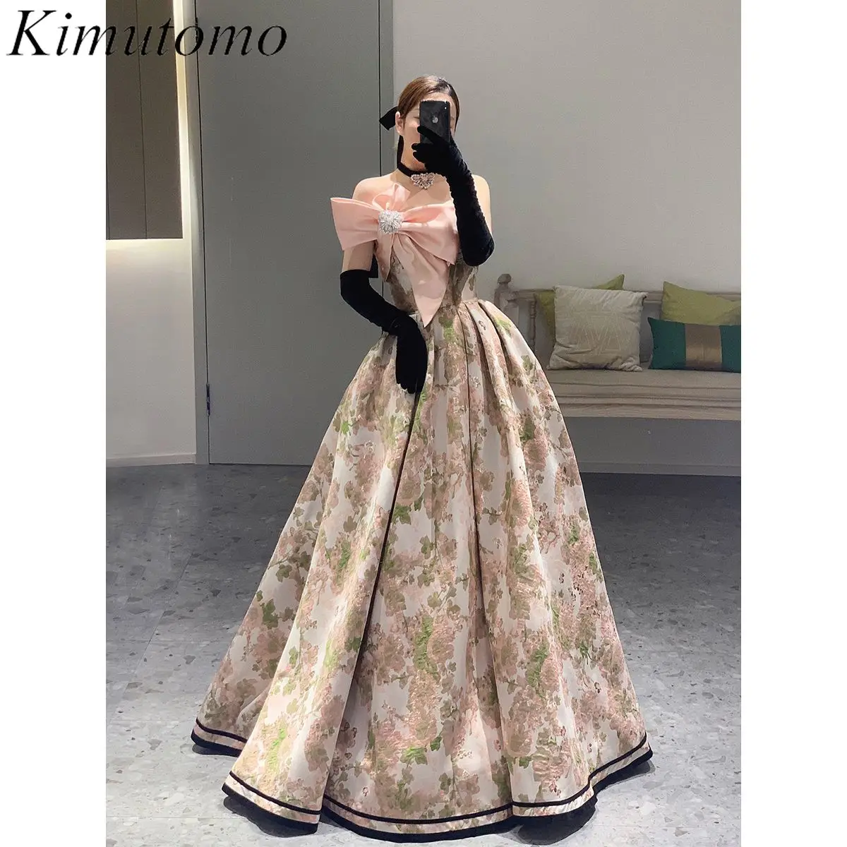 Kimutomo Bow Floral Prom Dresses Back Drawstring Gloves Evening Gowns French Hepburn Princess Style Strapless Dress for Women
Kimutomo Bow Floral Prom Dresses Back Drawstring Gloves Evening Gowns French Hepburn Princess Style Strapless Dress for Women
