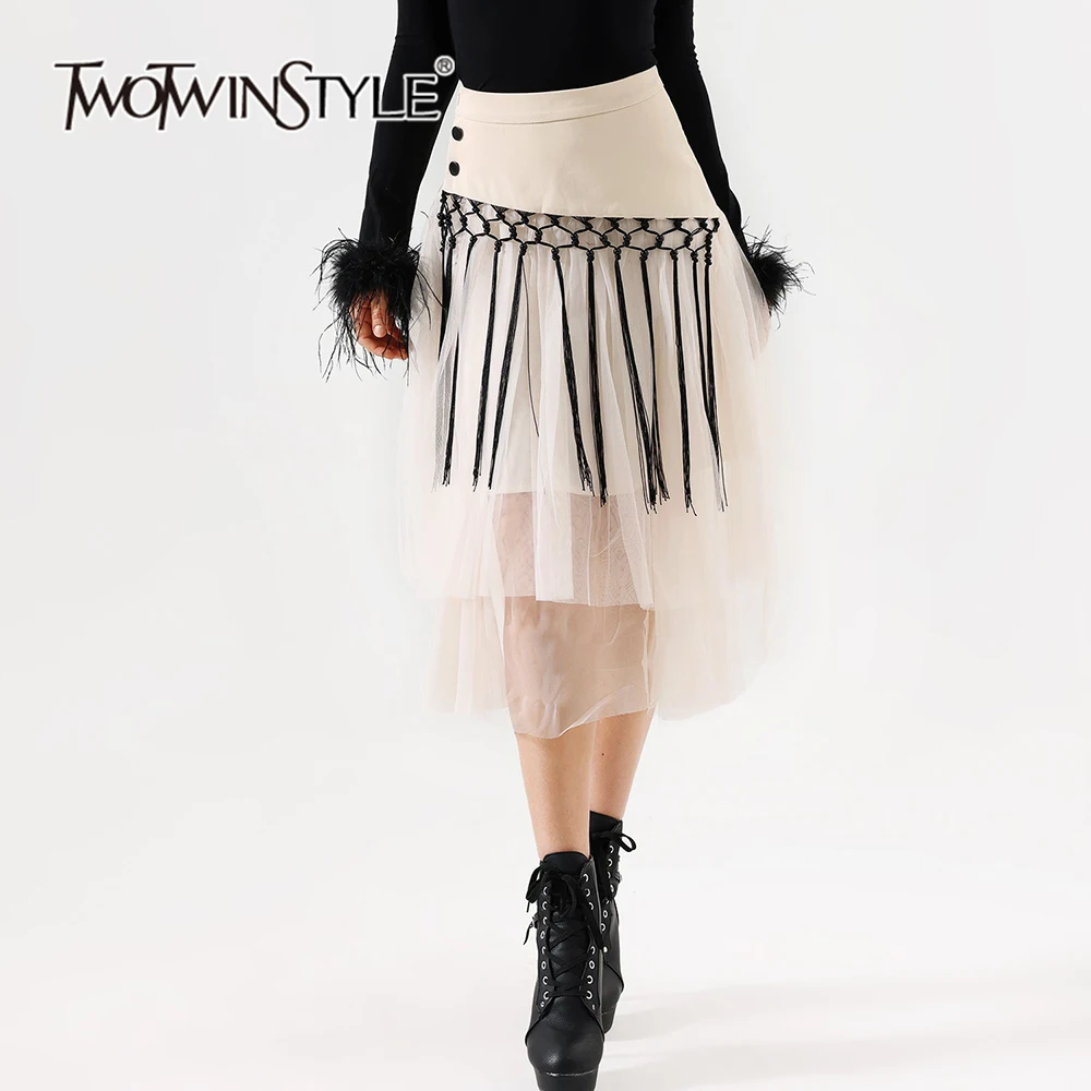 

TWOTWINSTYLE Colorblock Temperament Patchwork Mesh Skirt For Women High Waist Spliced Button A Line Skirts Female Fashion Style