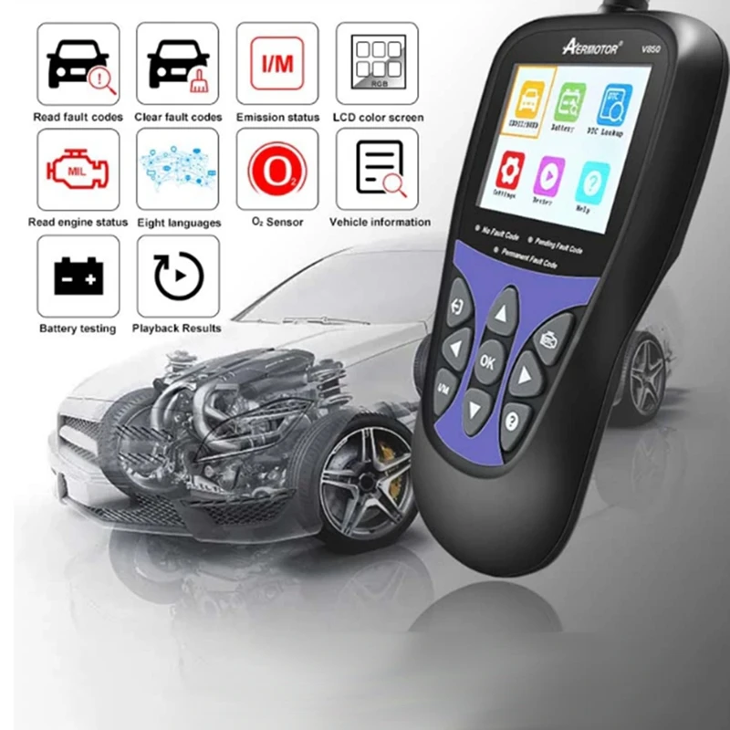 Сканер AERMOTOR V850 OBD2, автомобильный диагностический инструмент, считыватель кодов OBDII, инструмент для проверки неисправностей двигателя
Сканер AERMOTOR V850 OBD2, автомобильный диагностический инструмент, считыватель кодов OBDII, инструмент для проверки неисправностей двигателя