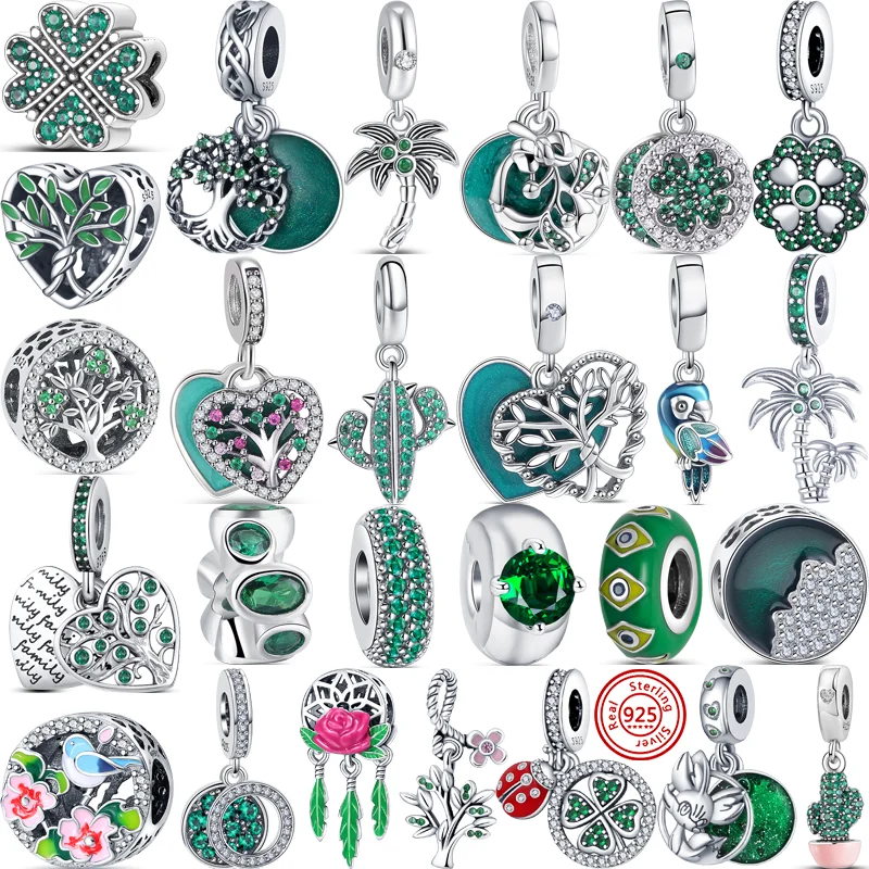 

Fit Original Pandora Charms 925 Silver Bracelet Women Jewelry 2023 New Green Series Tree Four Leaf Clover Parrot Sparkling Beads