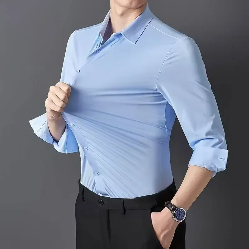 

Seamless Anti-wrinkle Business Silky High Elastic Spandex Men's Long-sleeved Shirt Formal Social Non-iron Solid Color Casual