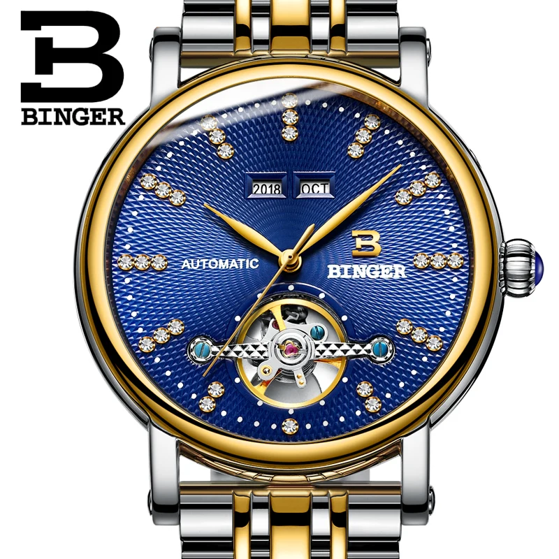 

Switzerland BINGER Men Watch Luxury Brand Diamond Sapphire Automatic Japan Mechanical Business Calendar Skeleton New Waterproof