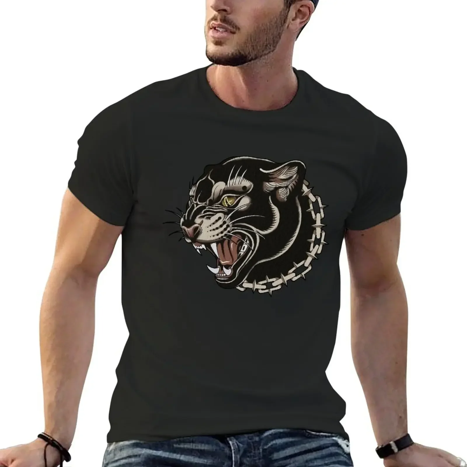 

Traditional Panther Head Tattoo T-shirt oversized blanks Men's cotton t-shirt