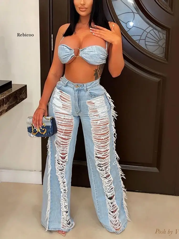 

Women Two Piece Chic Denim Suits Spaghetti Strap Bra Top & Ripped Fringed Jeans Set