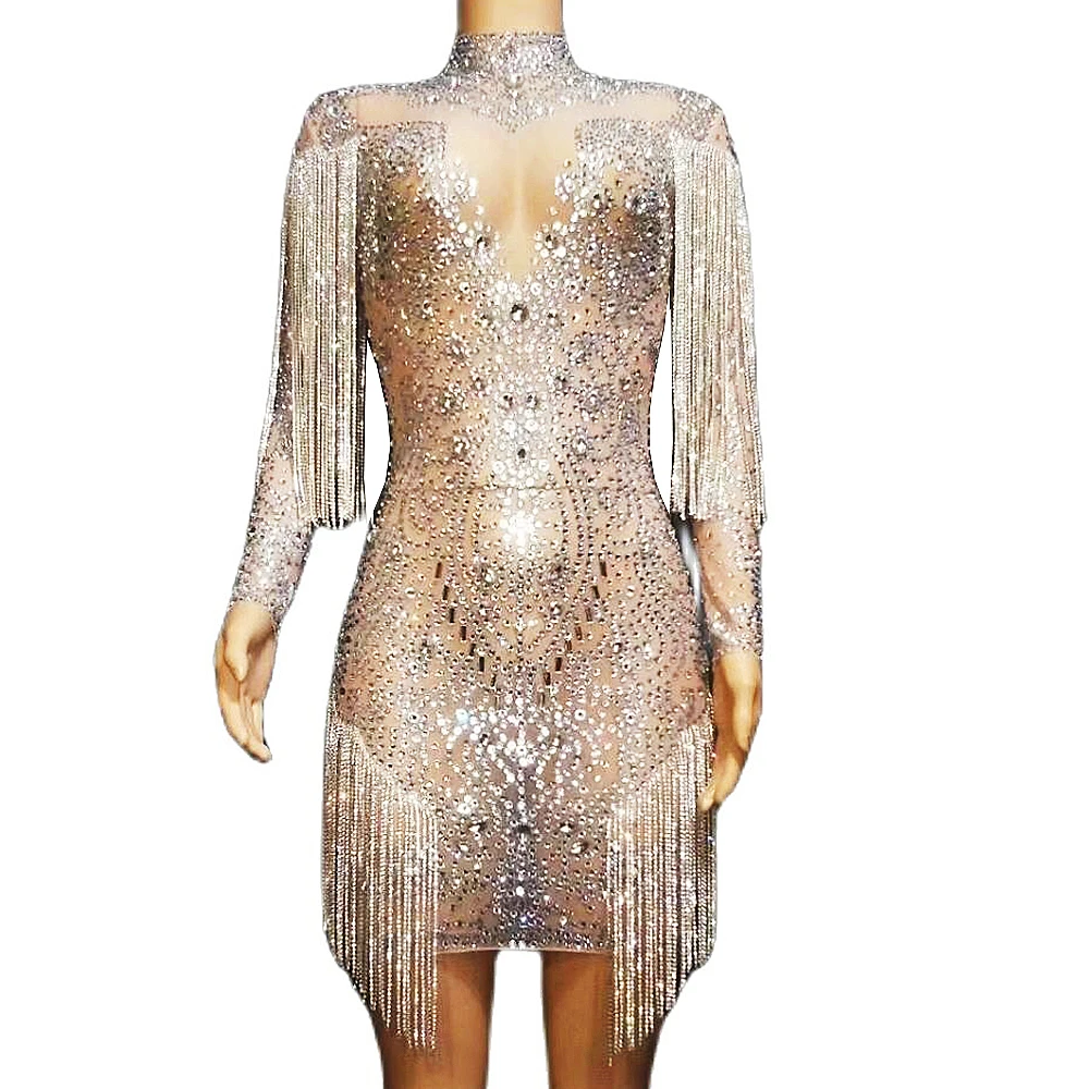 Nude Long Sleeves Shining Rhinestones Tassel Sexy Dress For Women Evening Party Clothing Stage Entertainer Singer Dance Costumes
Nude Long Sleeves Shining Rhinestones Tassel Sexy Dress For Women Evening Party Clothing Stage Entertainer Singer Dance Costumes