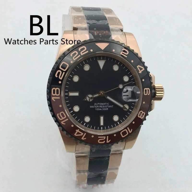 

BLIGER 40mm Two-tone Black Rose Gold Men's Watch With Rootbeer Bezel Black Dial Green Luminous Oyster Bracelet NH35 Movement