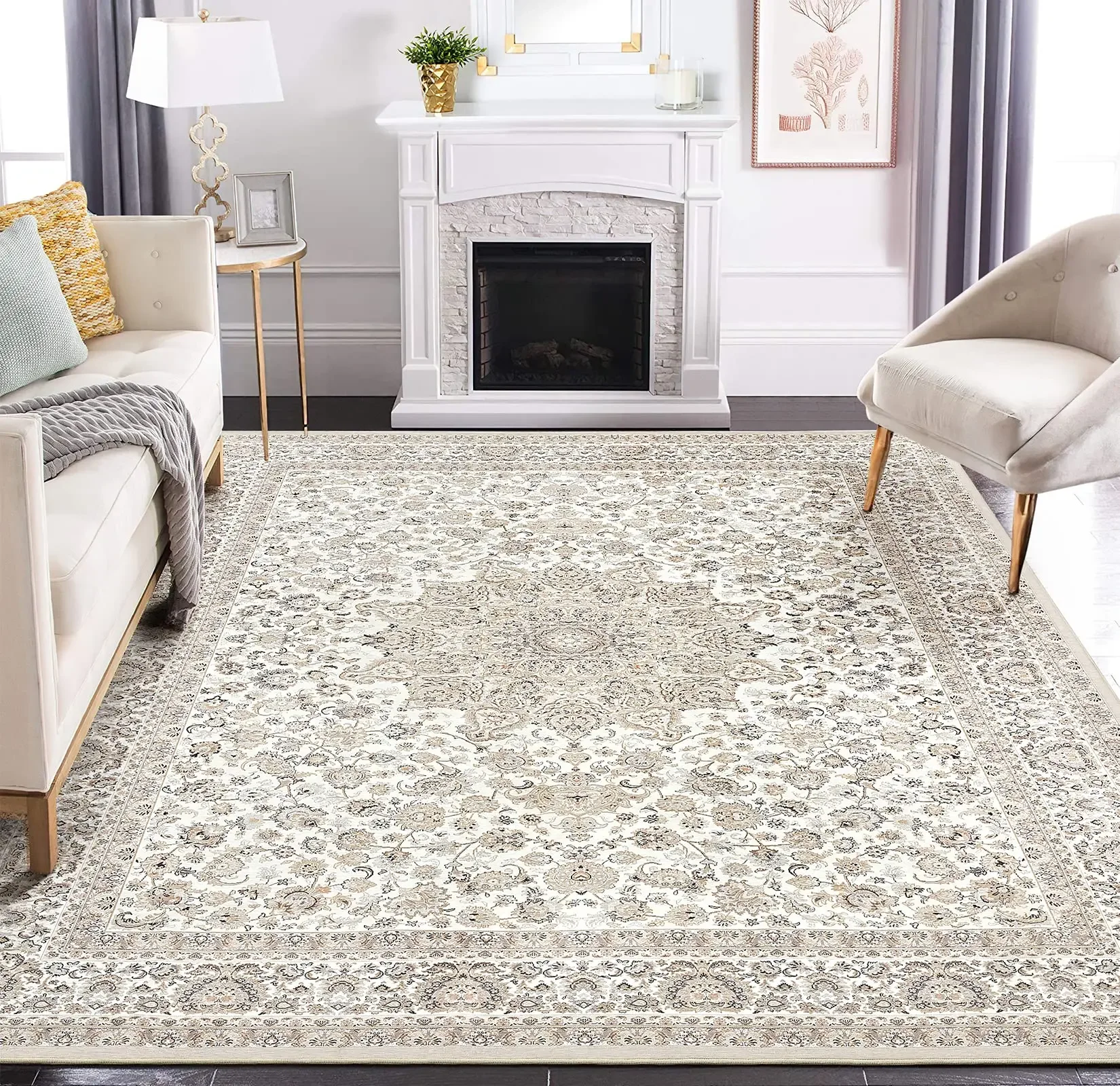 

Area Rug Living Room Rugs: 8x10 Large Machine Washable Non Slip Thin Carpet Soft Indoor Luxury Floral Stain Resistant Carpets fo