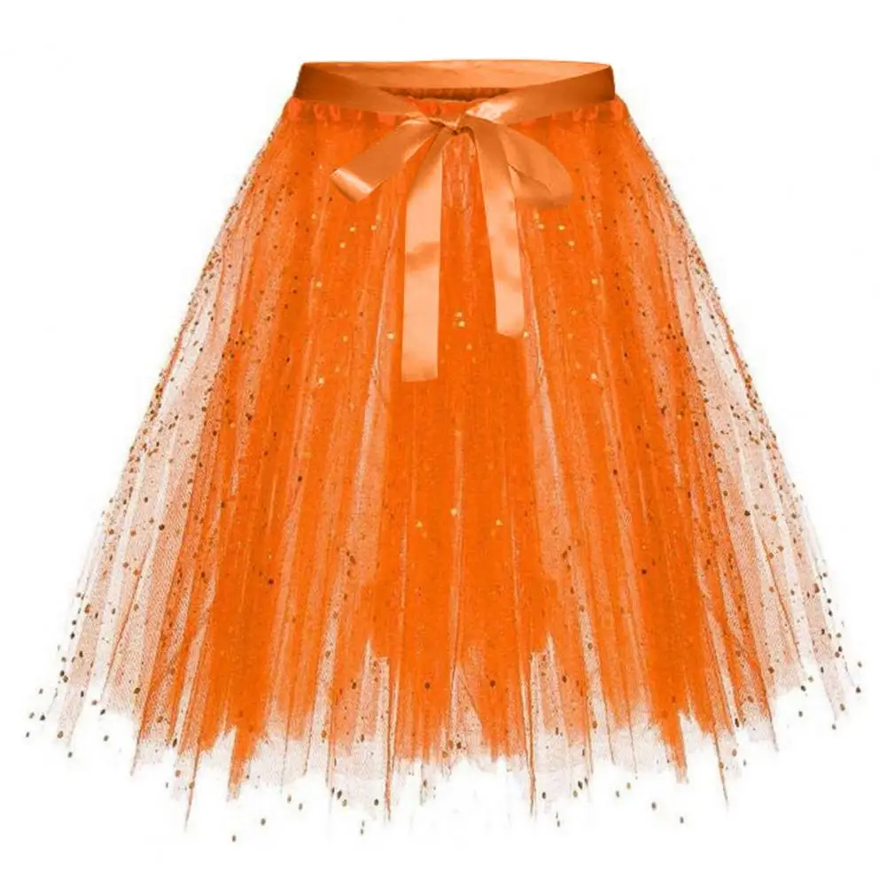 

Women Pleated Skirt Sparkling Sequin Mesh Skirt with Bow Detail Multi-layered A-line Design Elastic Waistband for Stage