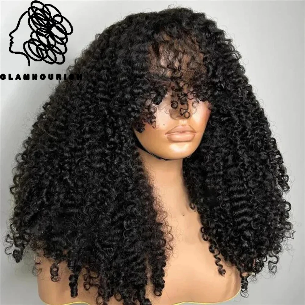 

Afro Kinky Curly Wigs With Bangs Full Machine Made Wigs 200 Density Virgin Brazilian Short Curly Human Hair Wigs Natural Black