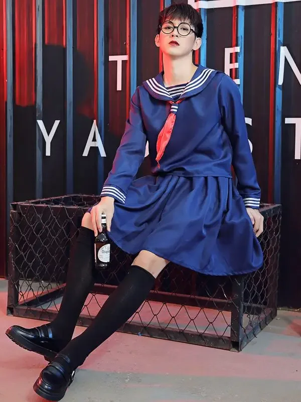 

MAGOGO 2PCS Lolita Suit Reverse String Series Japanese Student Dark Blue Navy Sailor Top Tie Skirt Uniform