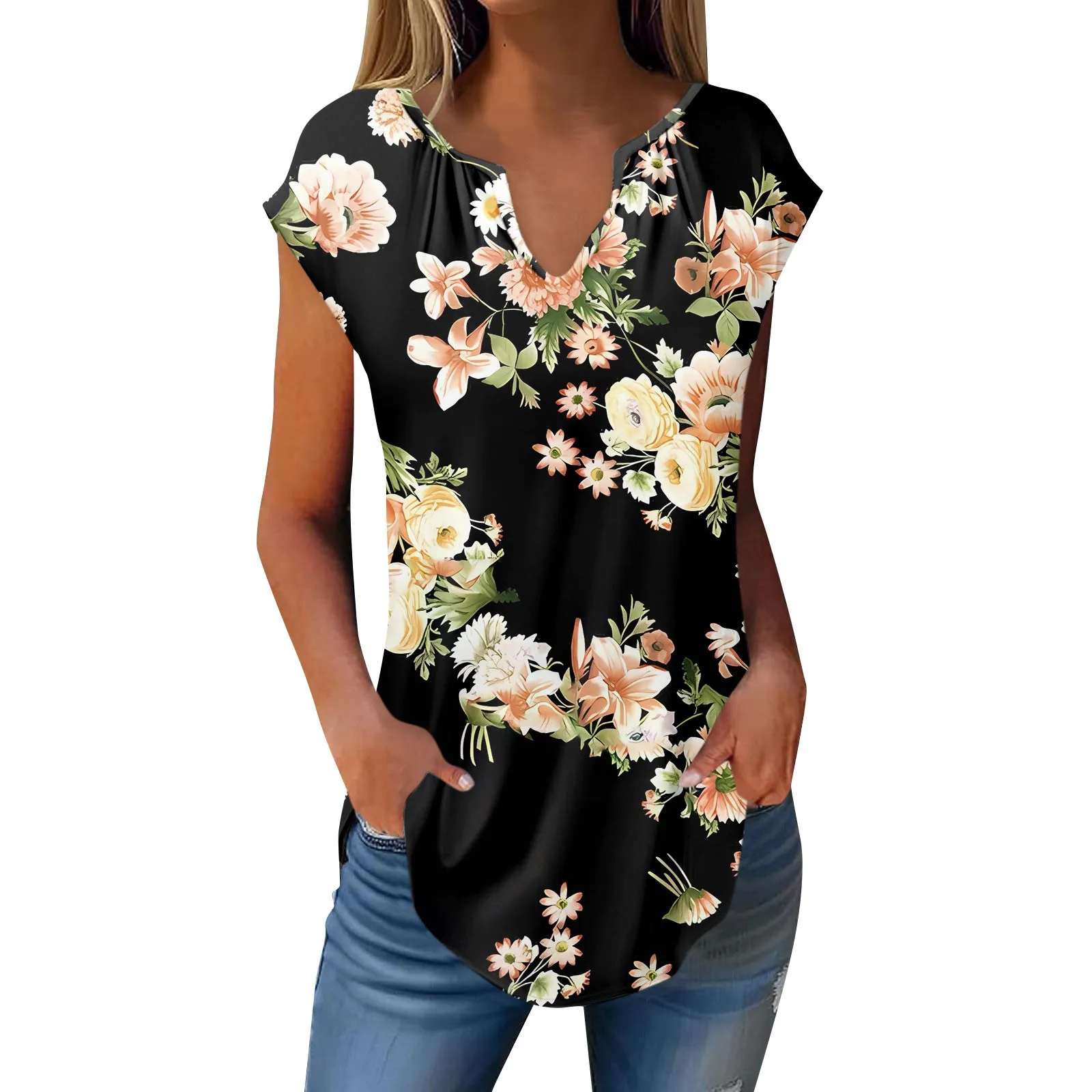 

Summer Cap Sleeve T Shirts For Women Trendy Loose Casual Retro Flower Print V Neck Tanks Classic Irregular Hem Tank Tops