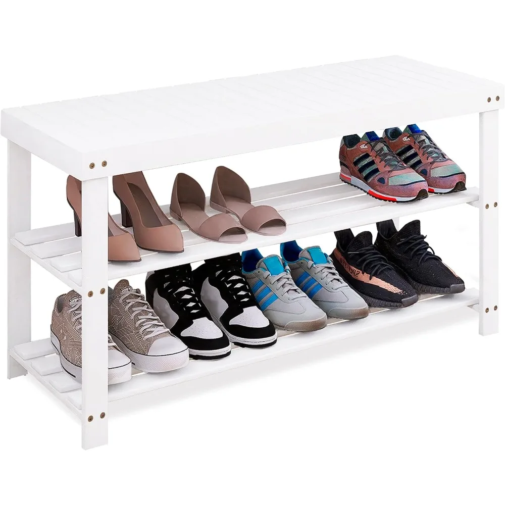 

SMIBUY Bamboo Shoe Rack Bench, 3-Tier Shoe Organizer Storage Shelf for Entryway Hallway Bathroom Living Room (White)