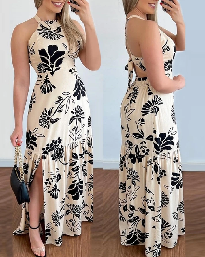 

Women's Beach Dress Floral Print Slit Tied Detail Maxi Dress 2024 Summer Latest Asymmetric Necksleeveless Vacation Long Skirt
