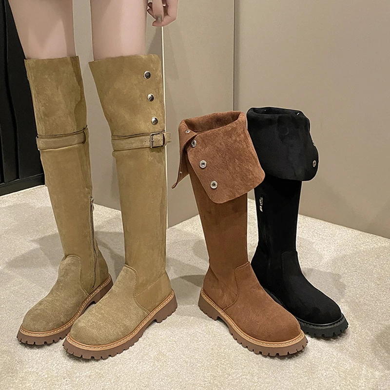 

Flat Heel Boots Women New 2023 Shoes Winter Footwear Round Toe Clogs Platform Med Rubber Leather Over-the-Knee Autumn Retro Sol