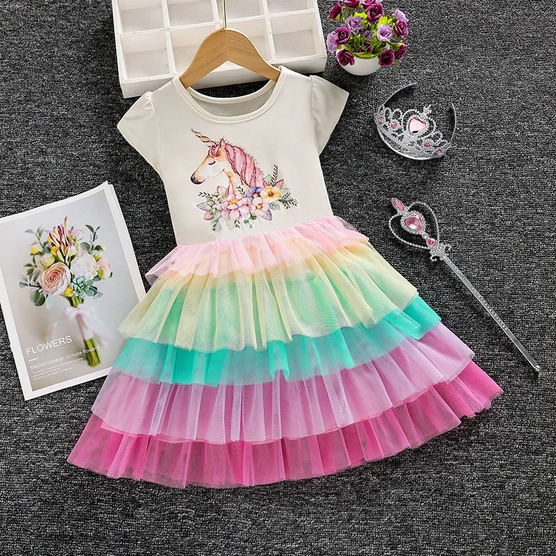 

Детское многослойное Радужное платье, платье принцессы для маленьких девочек с единорогом, летние фатиновые платья, платье для дня рождения, милая детская одежда