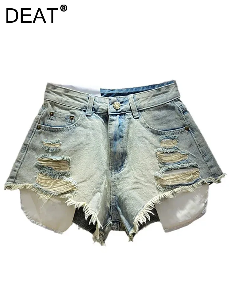

DEAT Women's Denim Shorts High Waist Distressed Broken Holes Exposed Pocket Design Short Jeans 2024 Summer New Fashion 11XX9215