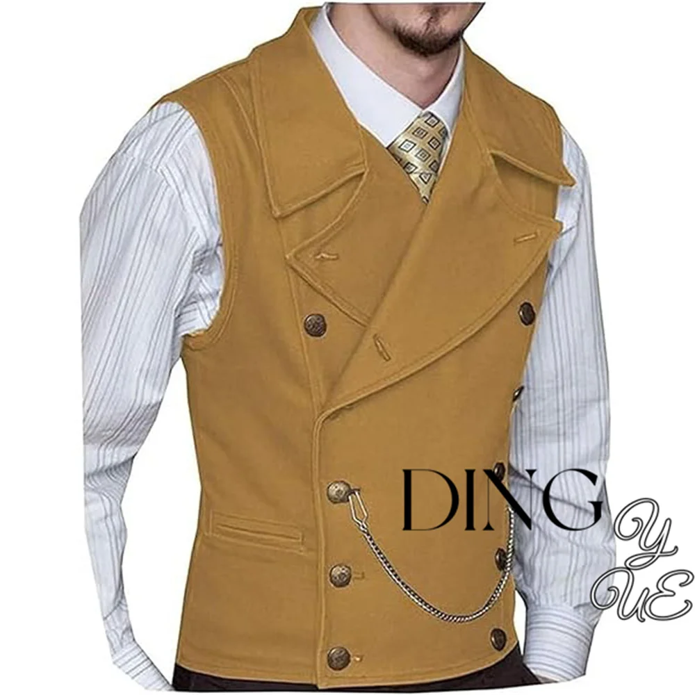 

Vintage Suede Suit Vest Men Waistcoat V Neck Solid Color Double Breasted Slim-Fit Vest Steampunk Gilet Homme
