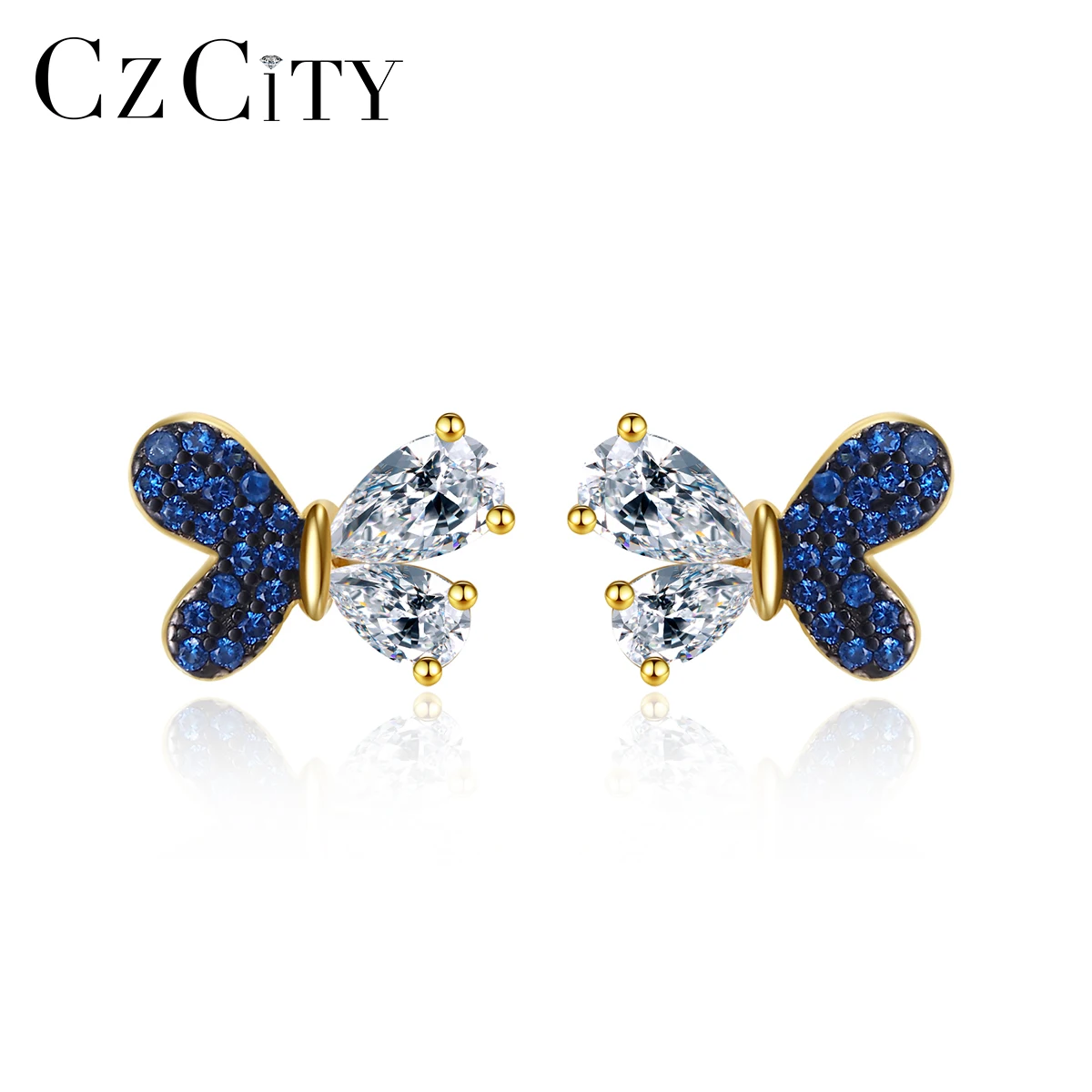 

CZCITY Sapphire Blue Cubic Zirconia 925 Sterling Silver Butterfly Stud Earrings Gold Plated Unusual Luxury Party Fine Jewelry