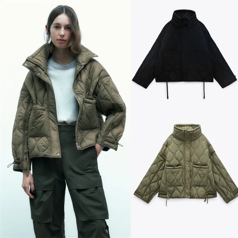 

Khaki Quilted Cotton Jacket Straight Short Coat Zipper Stand Collar Pocket Blogger Streetwear Female Outwears