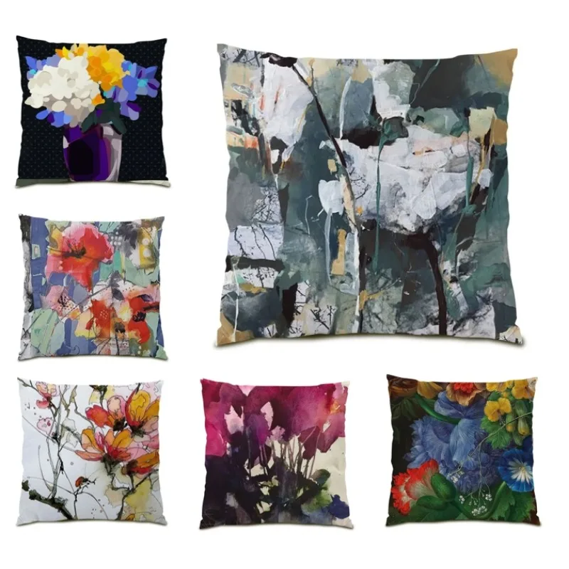 

Flower Simple Painting Cushion Cover 45x45 Cojines Leaves Printed Pillowcase for Sofa Home Living Room Move Place Gift F2264