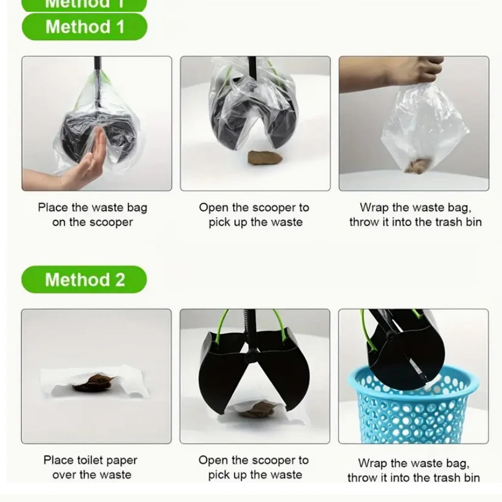Dog Poop Scooper | Jaw Clamp Heavy Duty Poop Scooper An instructional graphic showing two methods for sanitary waste removal. Method 1 shows placing a plastic bag over the scooper jaws. Method 2 shows placing toilet paper over the waste before scooping. Both methods demonstrate a hands-free cleaning process.