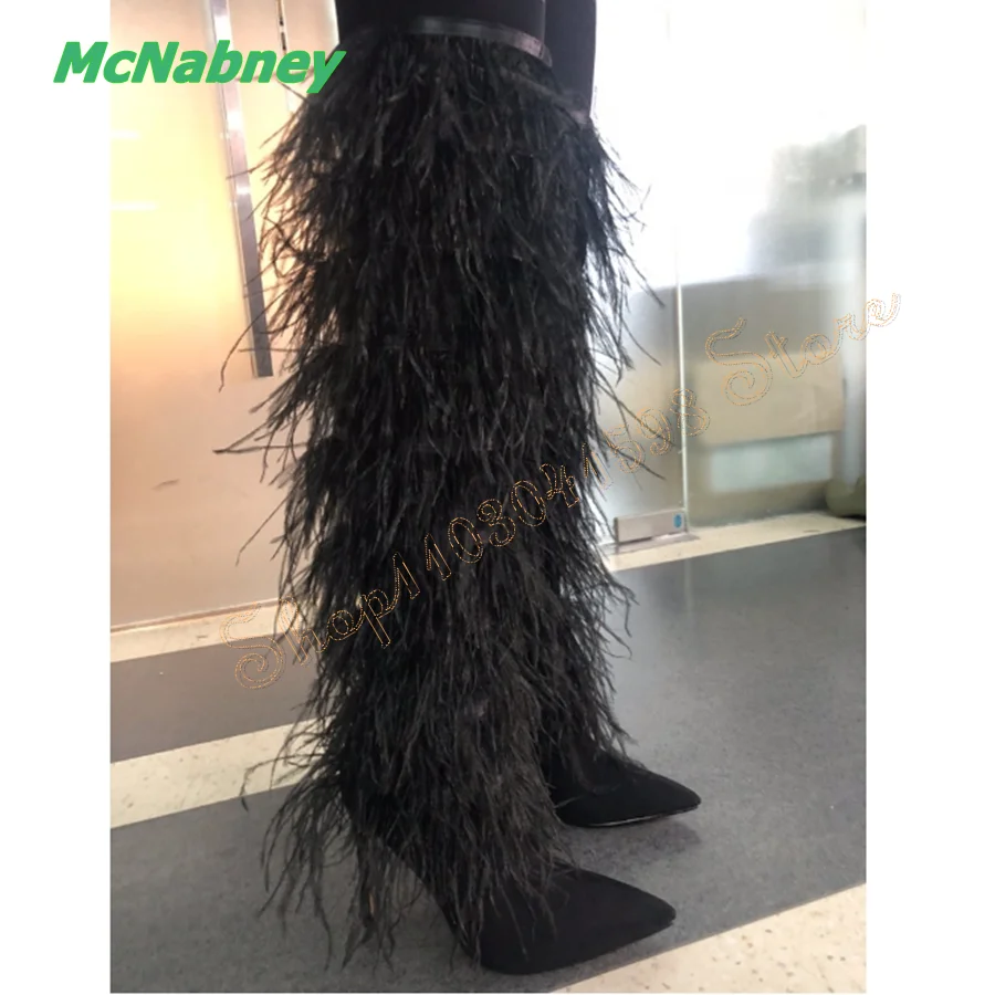 

Fluffy Ostrich Feather Over The Knee Boots Pointed Toe Stiletto Leather Women Boots Party Heel Boots2024 New Zapatos Para Mujere
