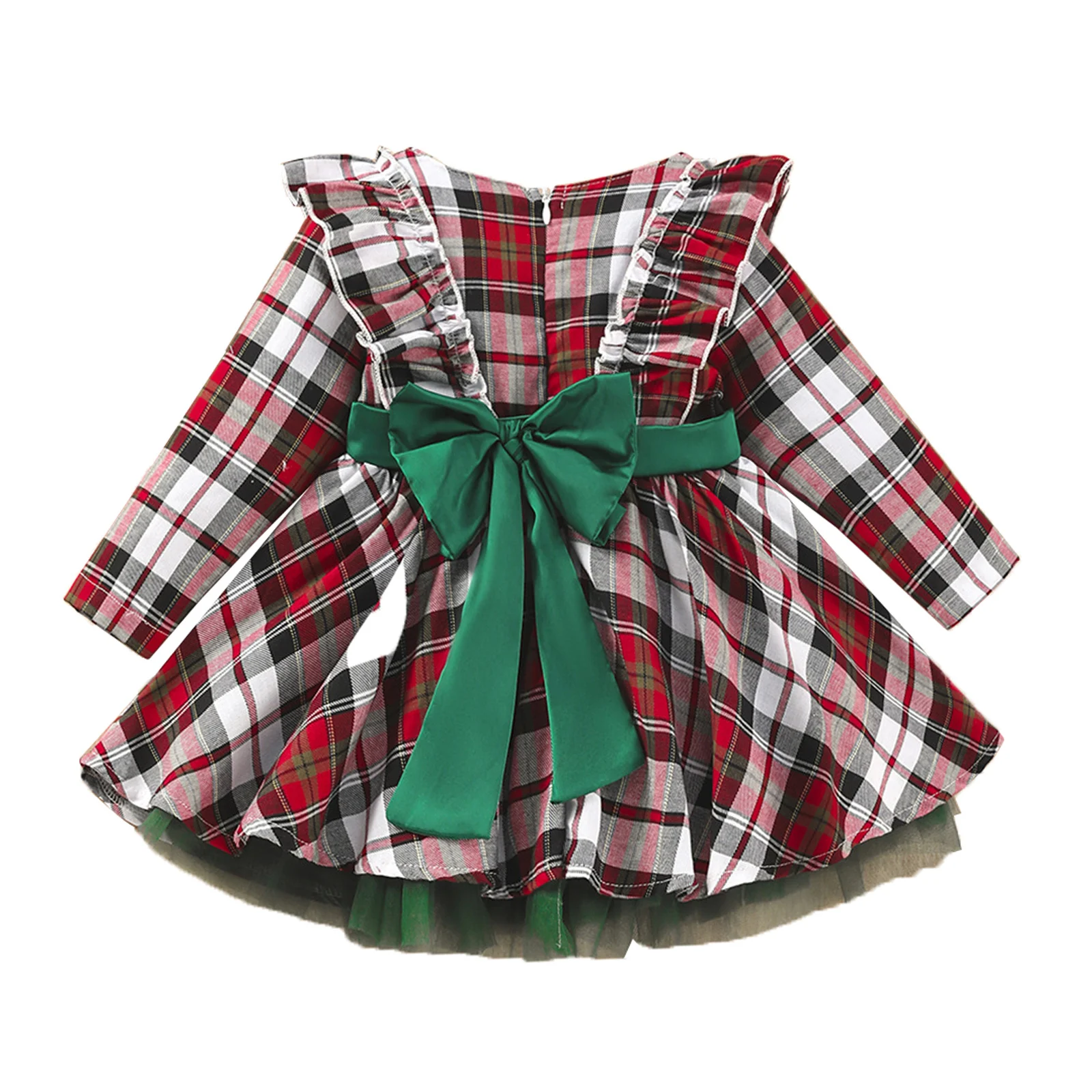 

#80-130 Baby Girls Long Sleeve Round Neckline Ruffle Decorated Bowknot Back Invisible Zipper Closure Red Plaid Tutu Mesh Dress