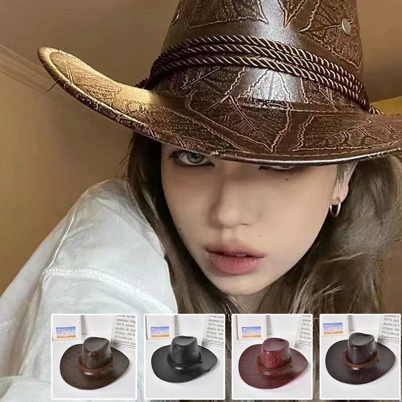 

Summer New Faux Leather Cowboy Hat For Men Women Vintage Gentleman Dress Hats Panama Cowgirl Dome Jazz Cap