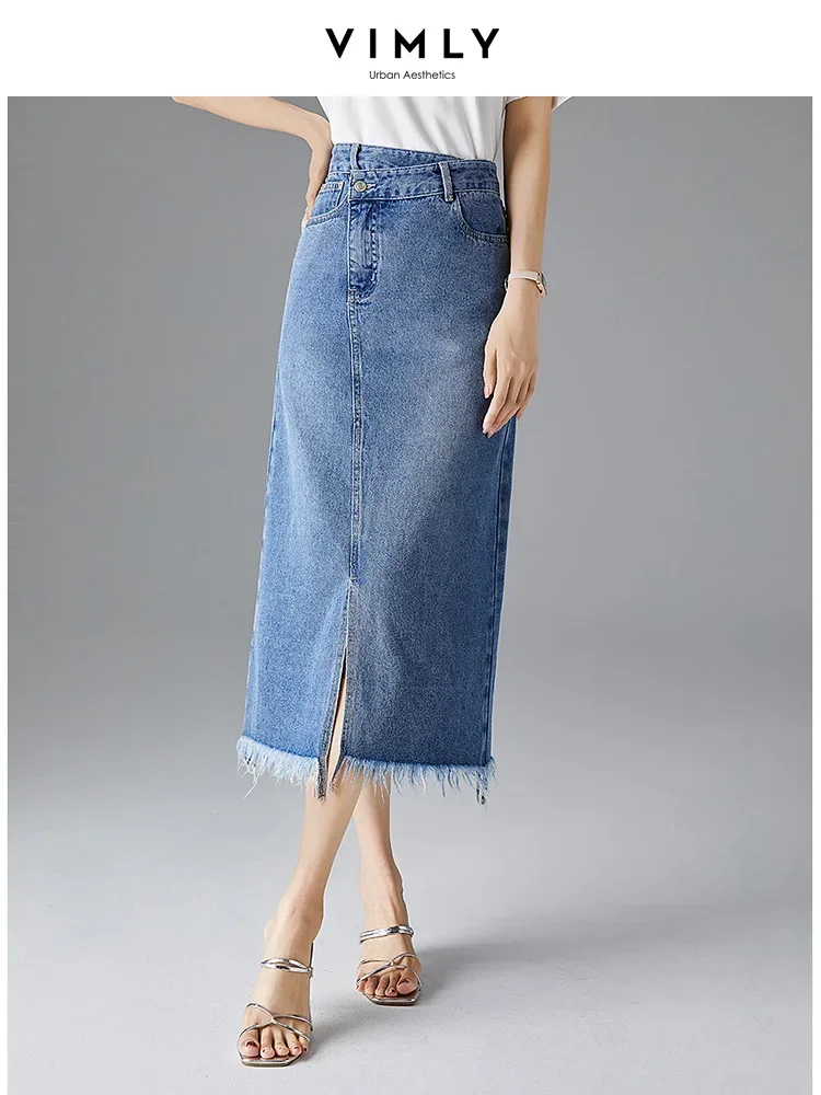 

Vimly Vintage Midi Tassel Denim Skirt for Women 2023 Casual More Pockets Asymmetrical High Waist Straight Split Jean Skirt 71866