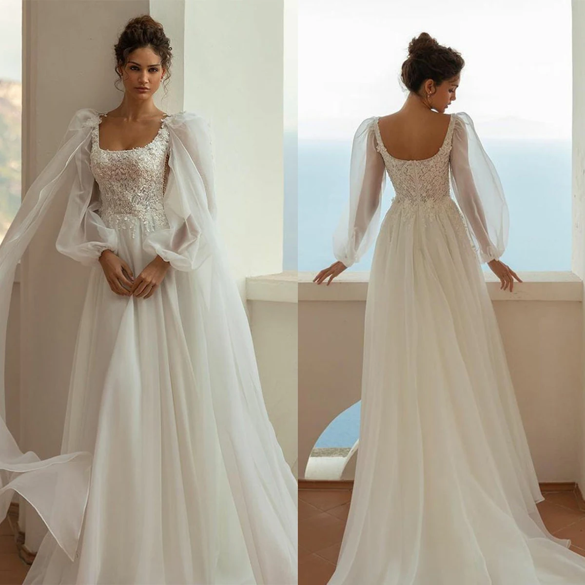 

Elegant A-Line Wedding Dresses Square Neck Beads Appliques Lace Bridal Gowns Custom Made Long Sleeves Sweep Train Robe De Mariag