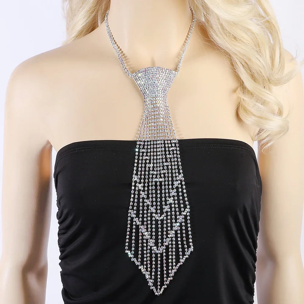 

Shiny Rhinestone Necktie Long Necklace Y2k Jewelry for Women 2023 Fashion Layered Bow Tie Chain Zircon Charm Necklaces