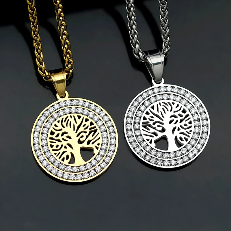

Hip Hop 2 Rows CZ Stone Bling Iced Out Stainless Steel The Tree of Life Pendants Necklaces for Men Rapper Jewelry Drop Shipping