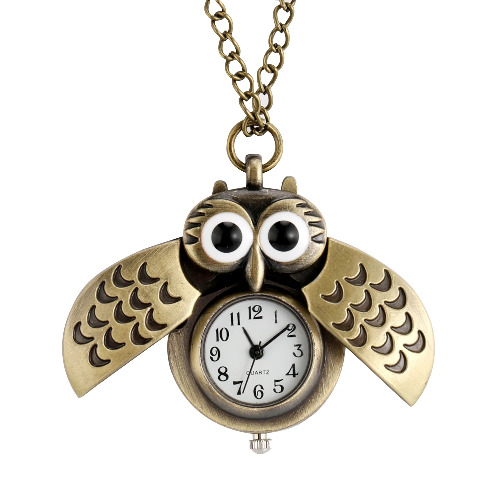 

Lovely Bronze Owl Shaped Quartz Analog Necklace Watch Openable Wings Pendant Pocket Clock Men Women Gift