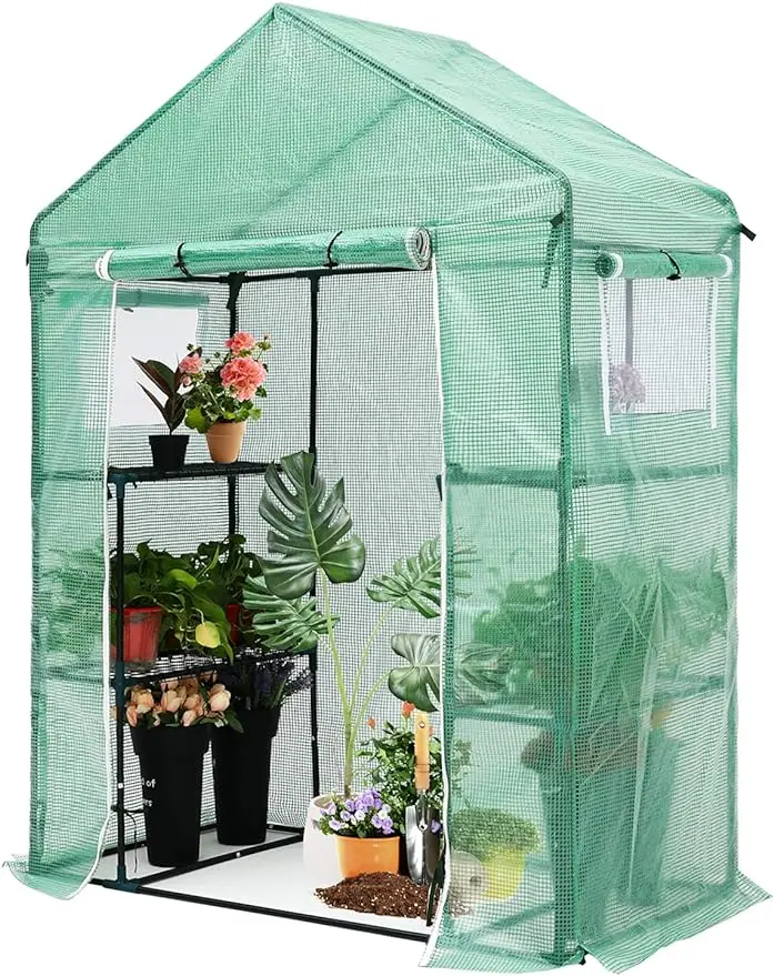 

New Walk-in Greenhouse, Indoor Outdoor with 2 Tier 4 Shelves Portable Plant Gardening Greenhouse (Green PE Cover) Free Shipping