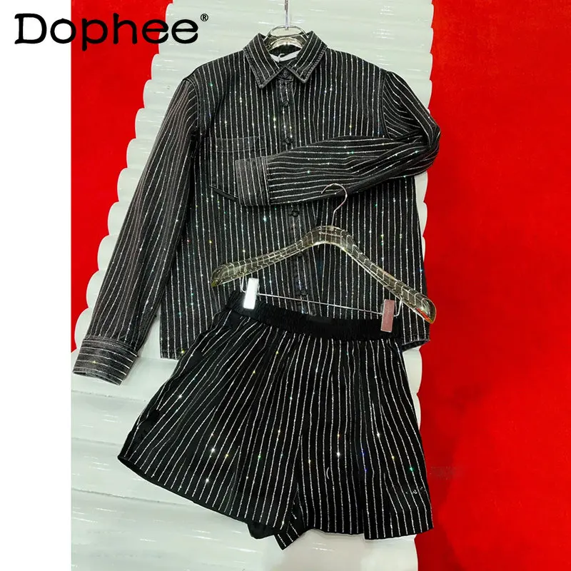 High Quality Spring New Shorts Suit Elegant Rhinestone Striped Single-Brewed Mid-Length Shirt Commuter Black Shorts 2-Piece Set
High Quality Spring New Shorts Suit Elegant Rhinestone Striped Single-Brewed Mid-Length Shirt Commuter Black Shorts 2-Piece Set
