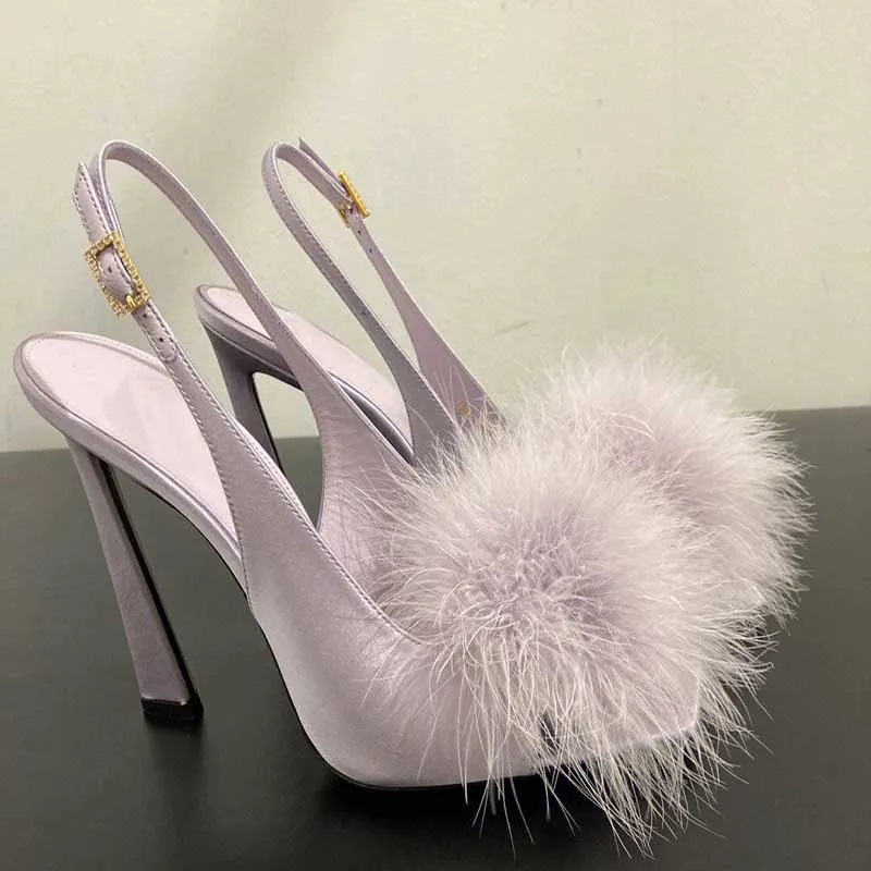 Purple Black Silk Ostrich Feather Fur High Heel Sandals Peep Toe Thin Heels Square Peep Toe Woman Banquet Shoes
Purple Black Silk Ostrich Feather Fur High Heel Sandals Peep Toe Thin Heels Square Peep Toe Woman Banquet Shoes