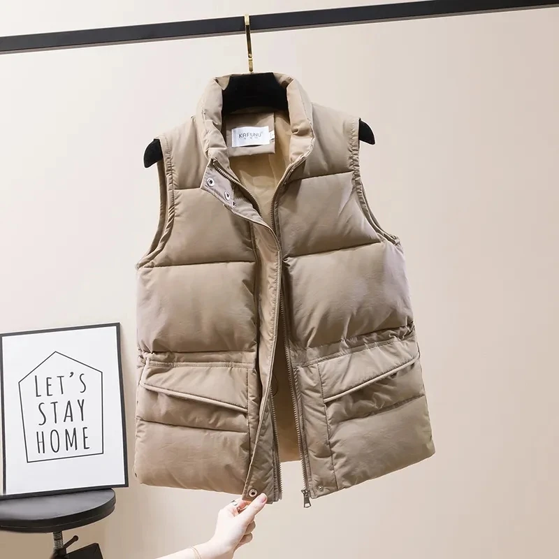 

Solid Short Vest for Women Cotton Padded Coat Women's Winter Sleeveless Jacket Zipper Stand Collar Warm Casual Waistcoat