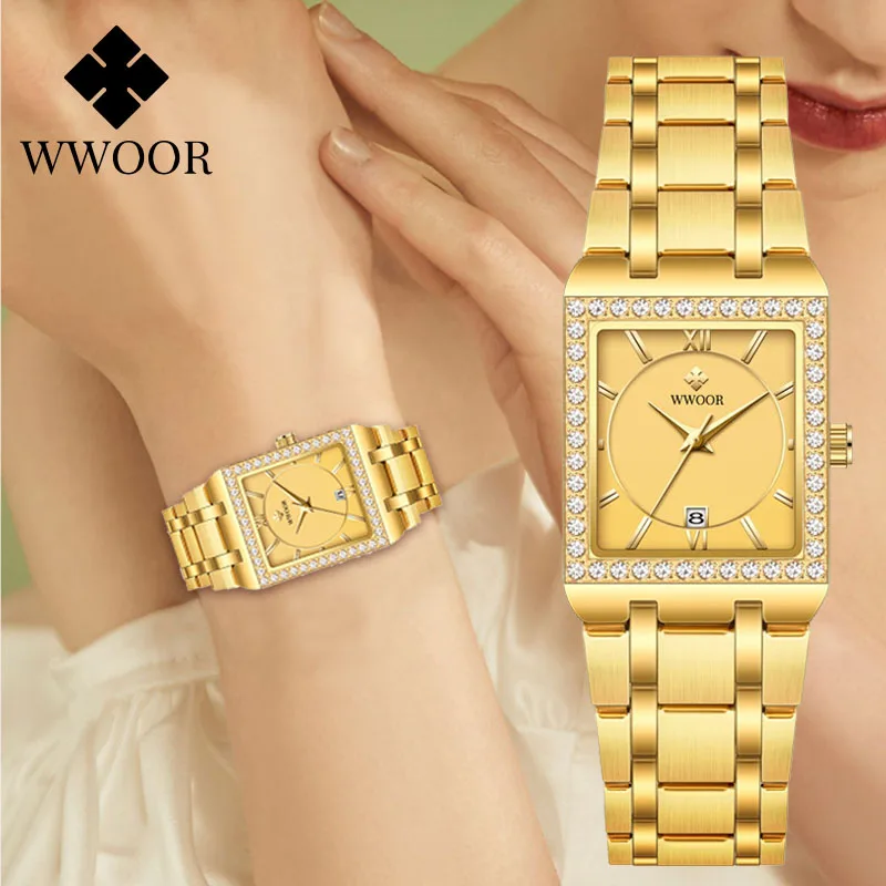 

WWOOR Fashion Gold Watch For Women Luxury Brand Ladies Quartz Wristwatch Waterproof Simple Diamonds Femme Clock Relogio Feminino