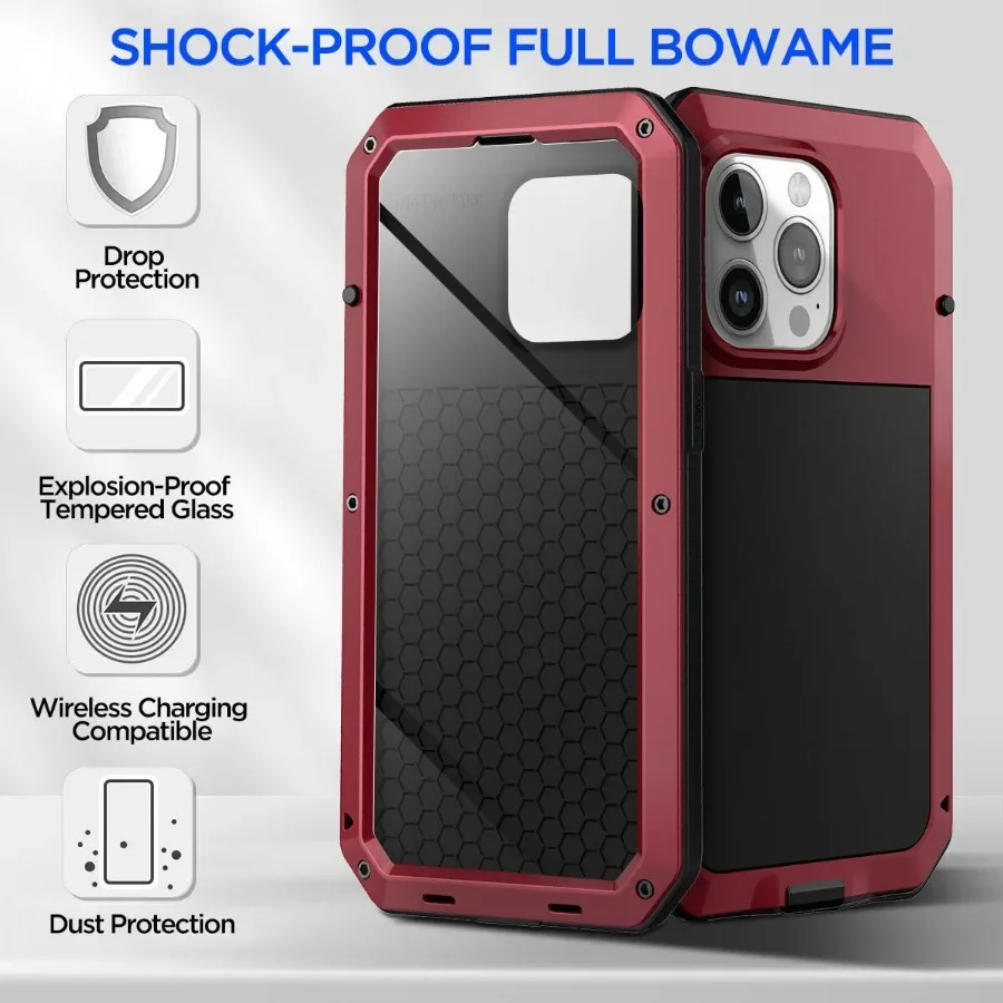 

Heavy Duty Doom Armor Metal Case For iPhone 15 14 13 12 11 Pro Max XS XR 8 7 6S Plus SE3 SE2 Shockproof Cover Screen Protector