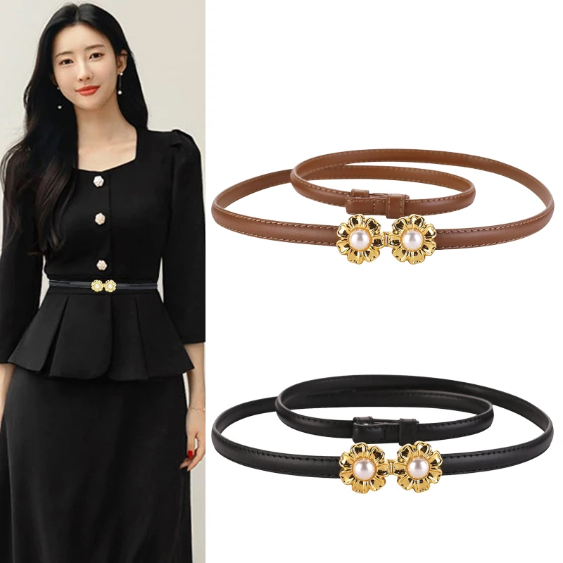 

Gold Flower Belt For Women Luxury Pearl Metal Buckle Genuine Leather Designer Waistband Female Dress Jeans Adjustable Girdle 1CM
