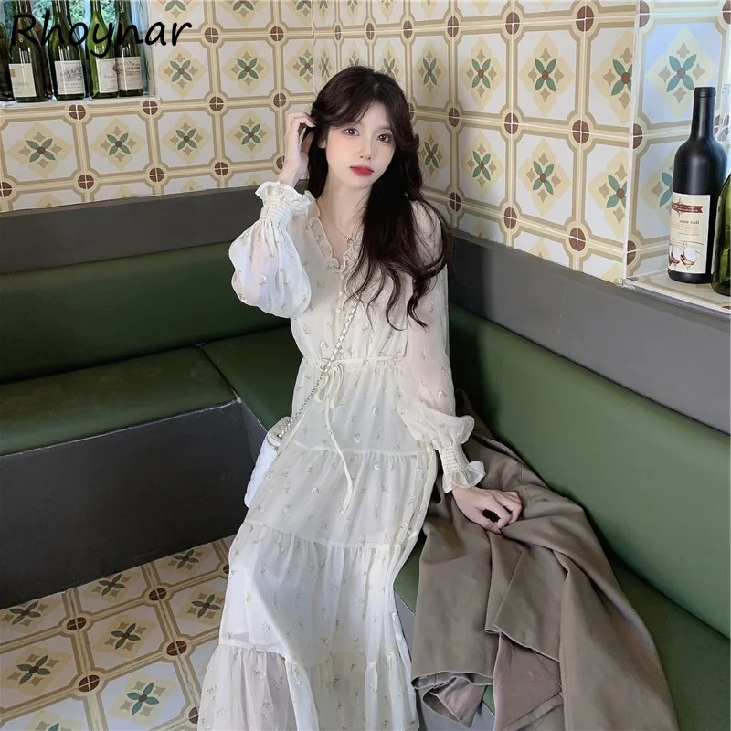 

Floral Dresses Women Sweet Long Sleeve Lace-up V-neck Fungus Side Designed Summer Girls Korean Fashion Daily Casual Elegant Cozy