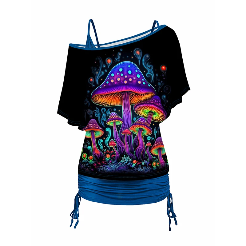 

Rainbow Mushroom Print Oblique Shoulder T-shirt And Cinched V Neck Spaghetti Strap Camisole Two Piece Set Women Tops