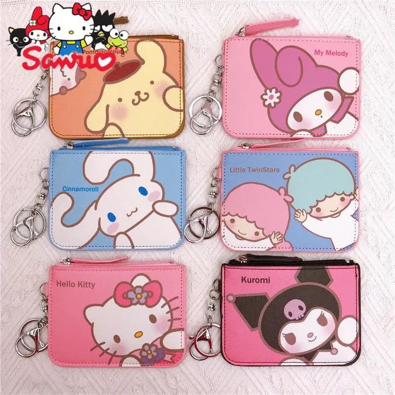 

1Pc MINISO Melody Kuromi Hello Kitty Cinnamoroll Pochacco Long-eared Rabbit Leather Coin Purse Integrated with Keychain Pendant