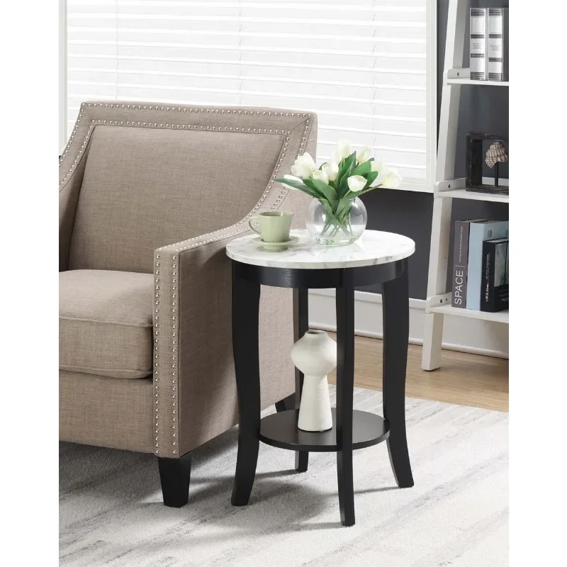 

Convenience Concepts American Heritage Round Center End Side Table with Shelf White Faux Marble/Black Living Room
